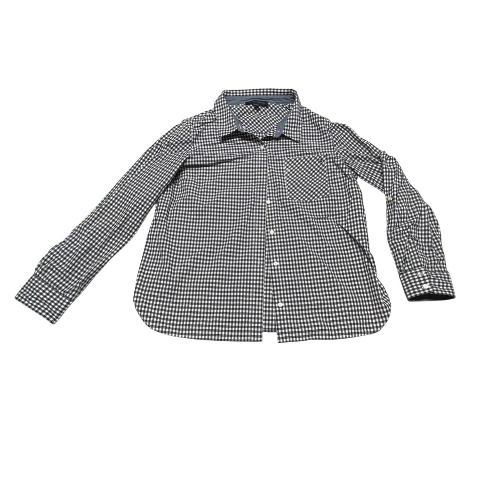 Tommy Hilfiger Button Up Shirt Womens XL Navy White Gingham Roll Tab‎ Sleeve